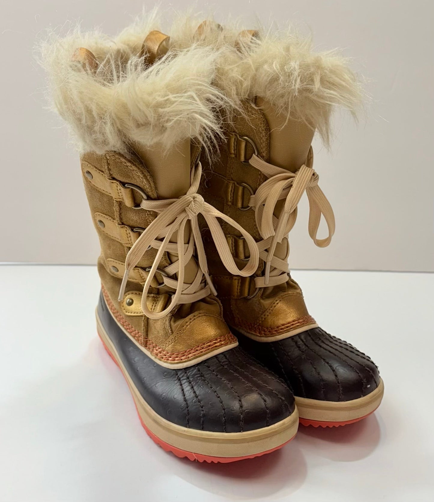 Seller 189 Girls Size 1 Sorel Tofino Joan of Arctic Tan & Gold Waterproof Snow Boots EUC