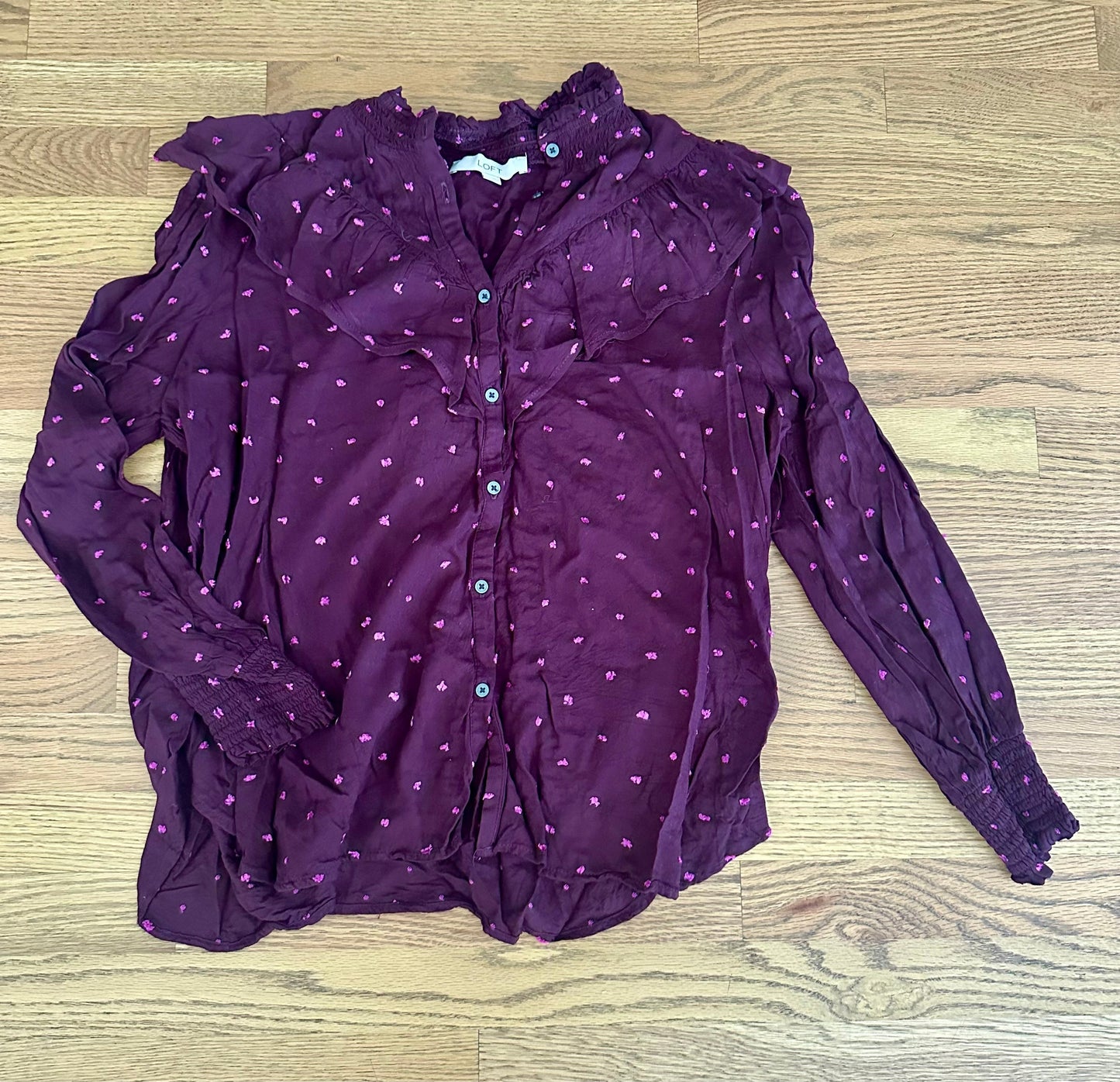 #198- Women’s, Loft, Deep Purple Blouse w/Pink Dots- Size XL