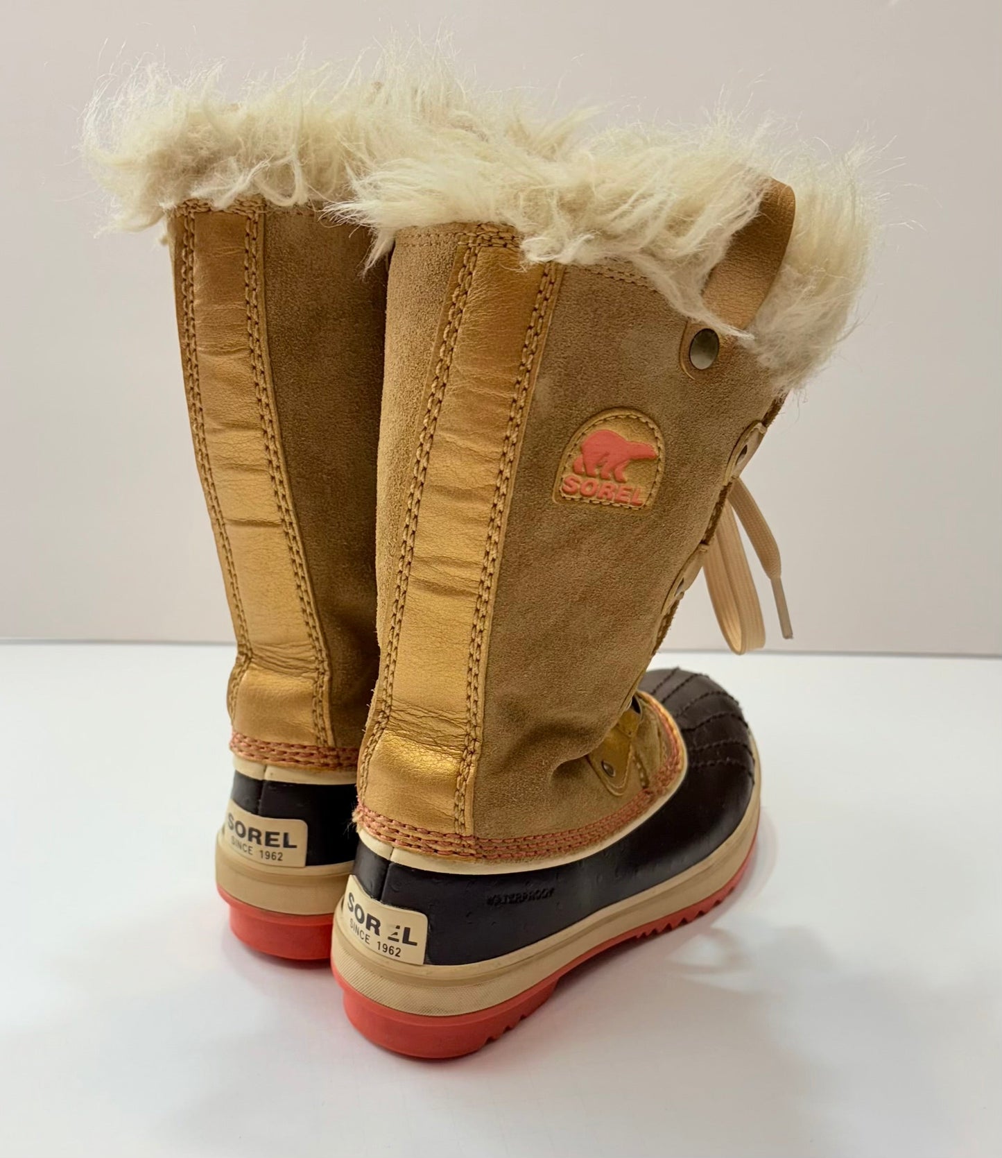 Seller 189 Girls Size 1 Sorel Tofino Joan of Arctic Tan & Gold Waterproof Snow Boots EUC