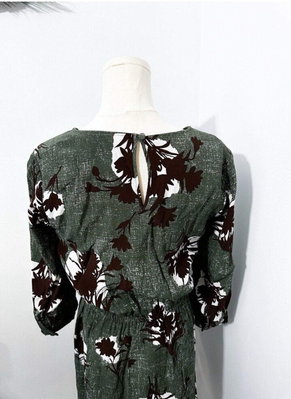 #111 Womens Boden Dress Green/Brown Floral Long Sleeve Dress Size 8