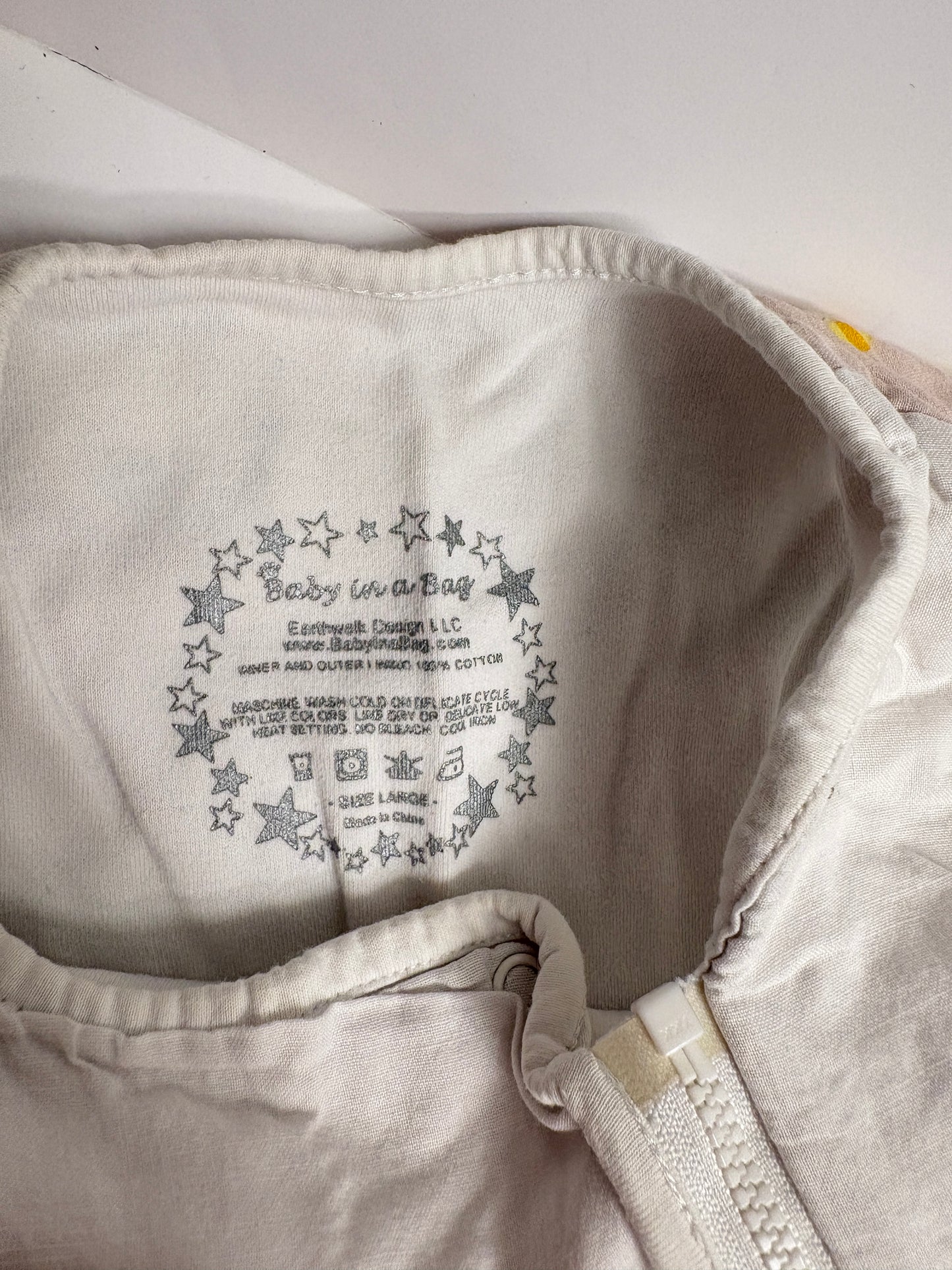 #121 Baby in a Bag cotton sleep sack size large animal print, GUC