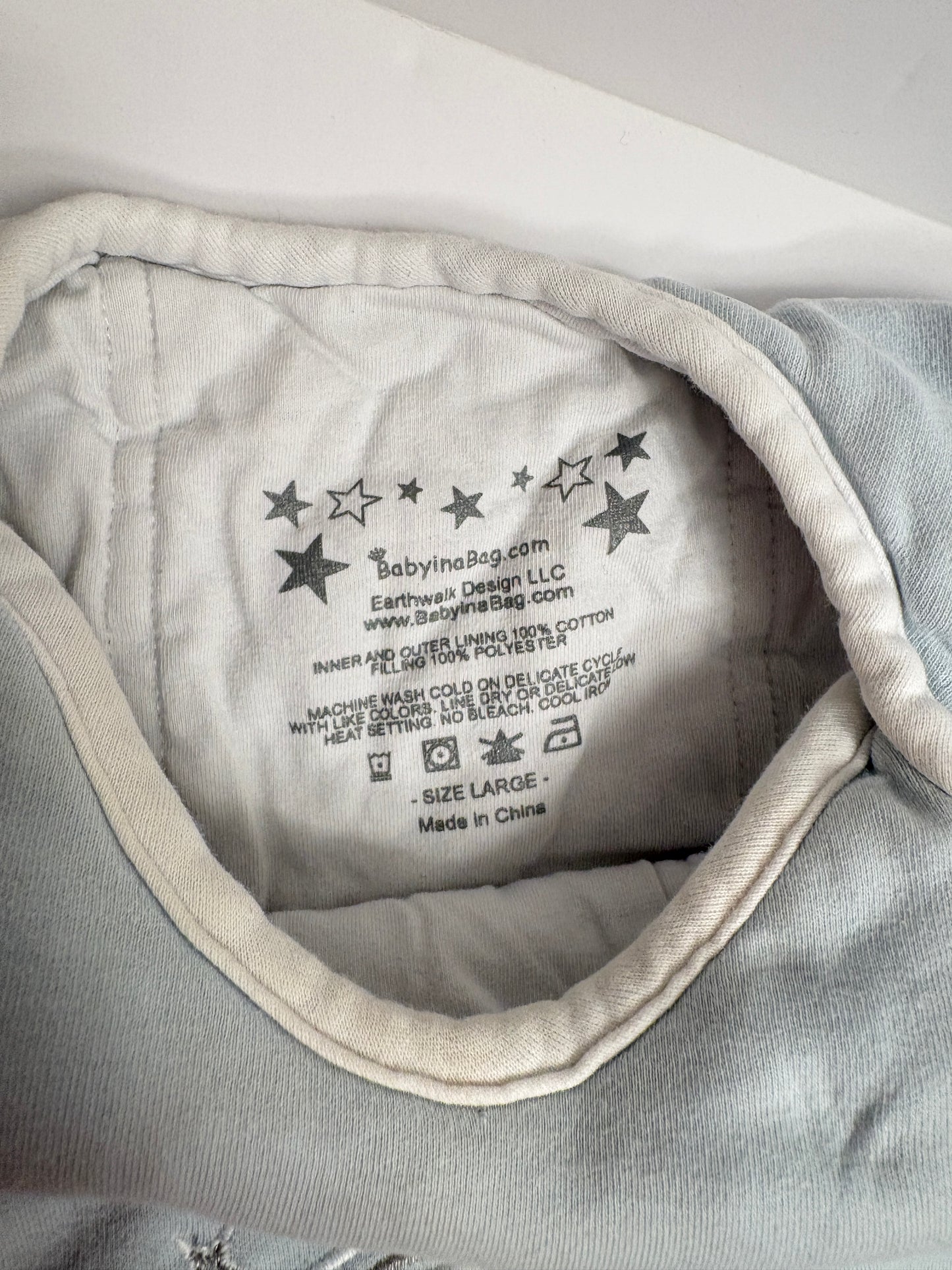 #121 Baby in a Bag cotton medium weight cotton blue sleep sack size large, GUC