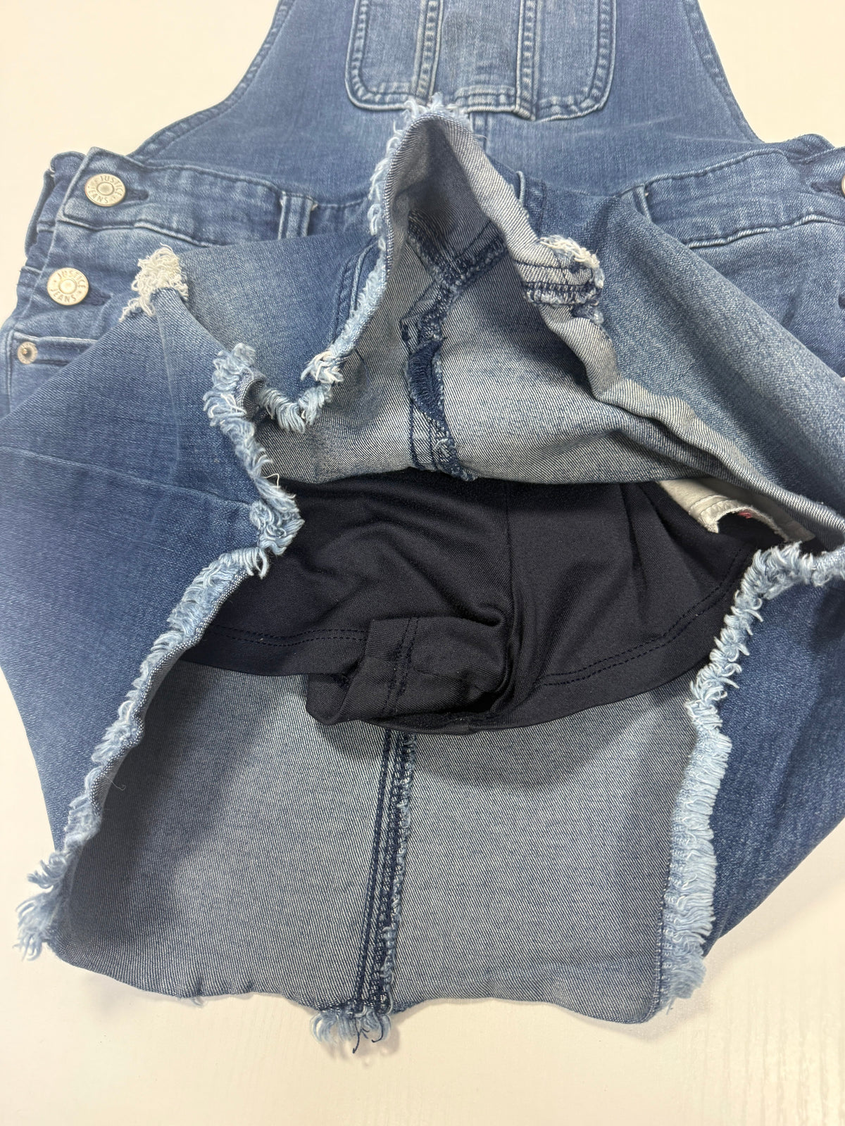 155 Girls Justice Denim Overall Dress Size 14 with build in shorties GUC