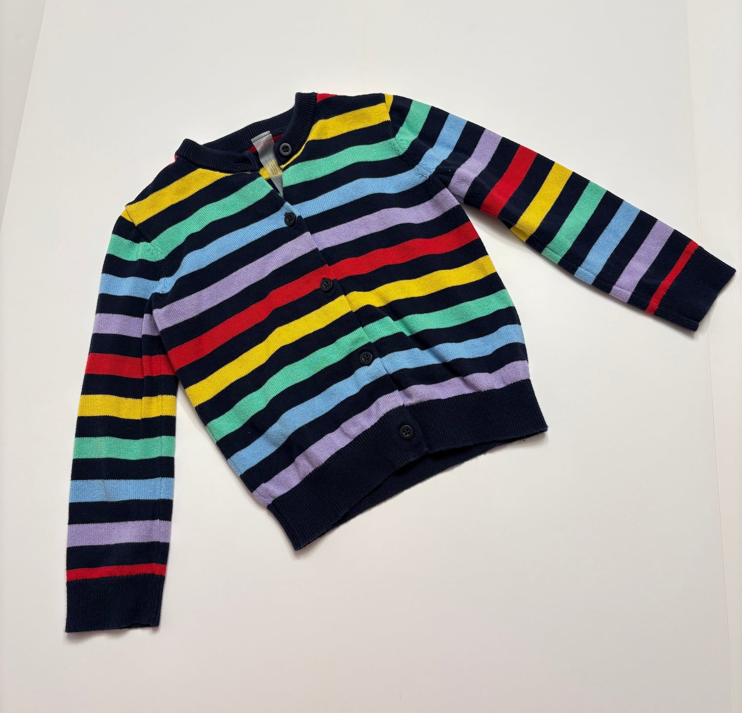 #121 Girls 4/5 (fits like 4) Primary rainbow lightweight stripe sweater, EUC