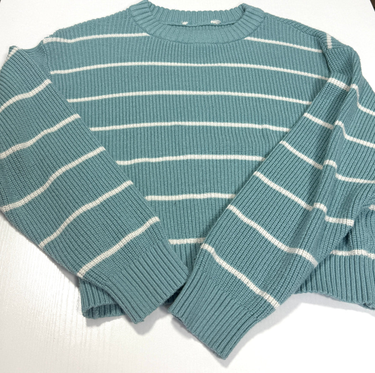 155 Girls Teal Blue Striped Sweater - Fits like a Large, slightrly cropped (tags cut out) VGUC