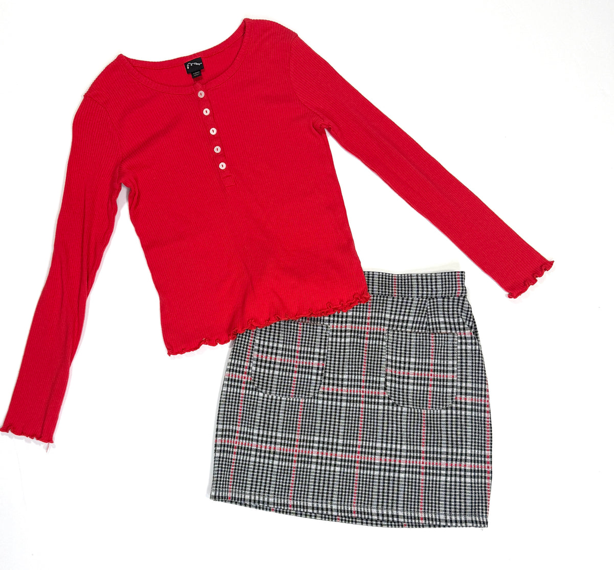 155 Girls Red Top Plaid Skirt Bundle Size Large VGUC