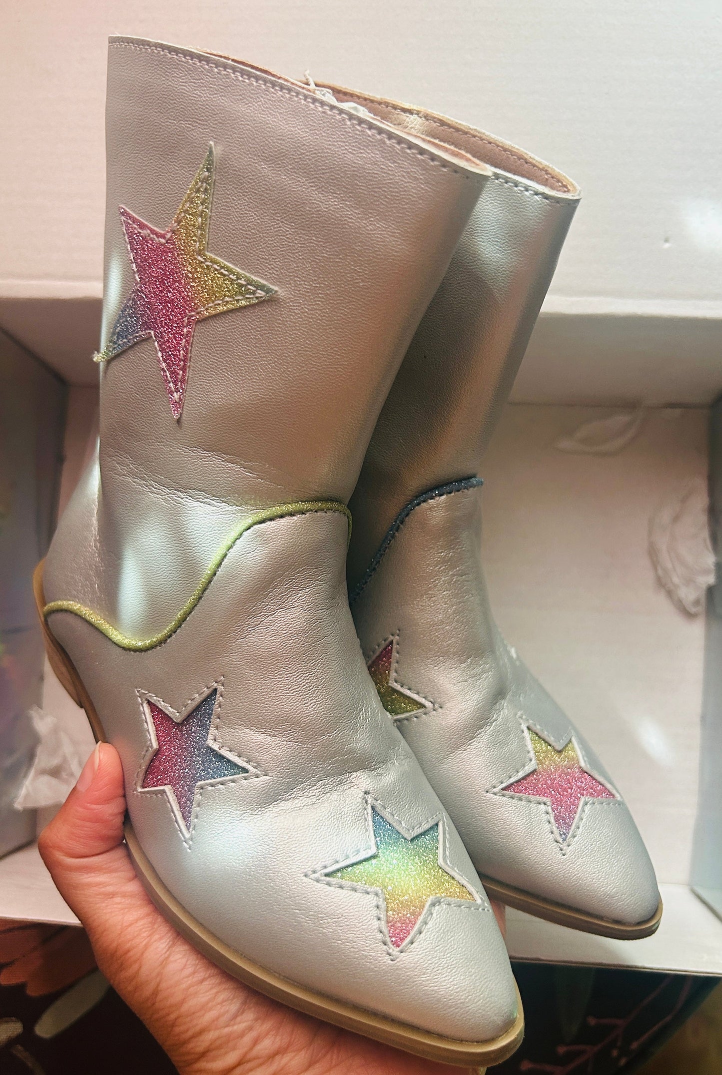 #15 *Reduced* Lola and The Boys 9.5c (26) Silver Glitter Cowboy Boots NIB