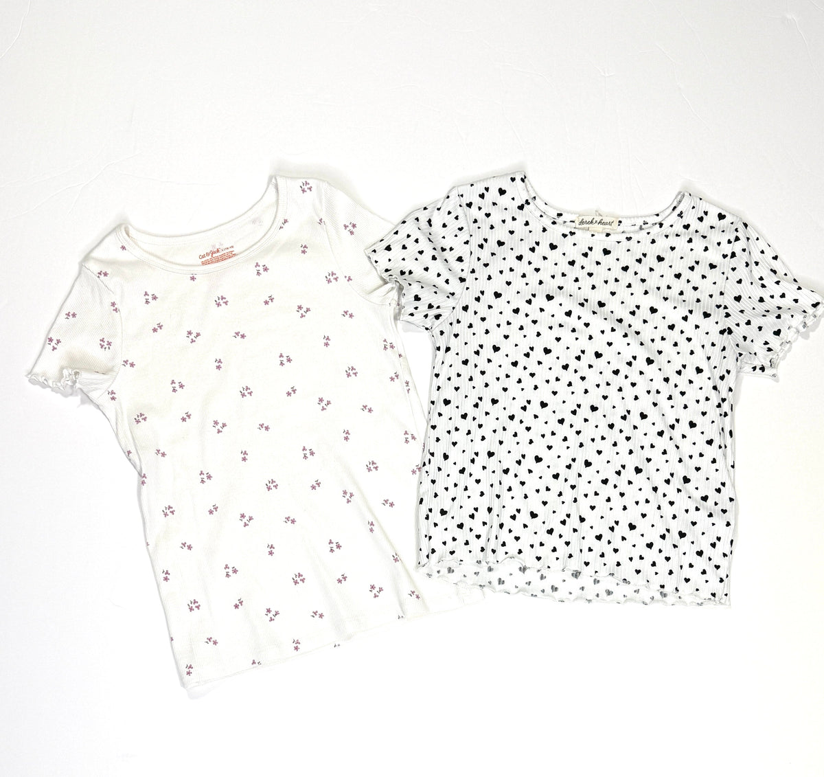 155 Girls Size L Ribbed T-Shirts - Purple Flowers and Black Hearts