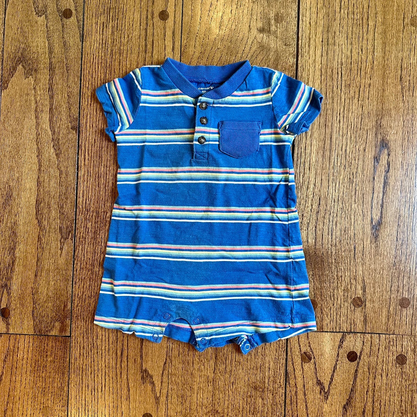 #95 EUC Boys Carters Blue Striped Short Sleeve Romper, size 18 months