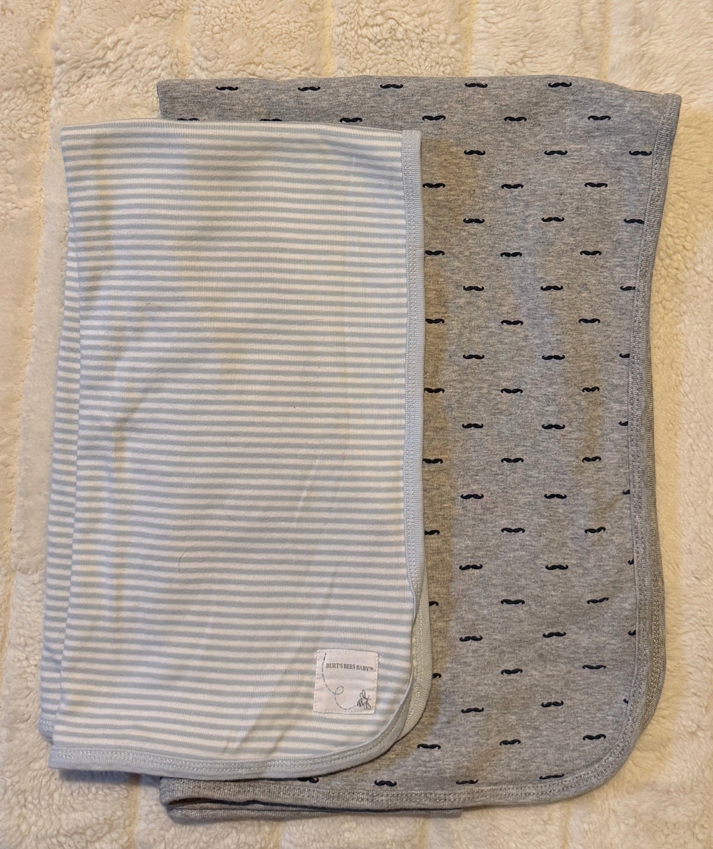 #56 REDUCED baby boy blanket bundle (2) - gray and navy mustache/blue striped