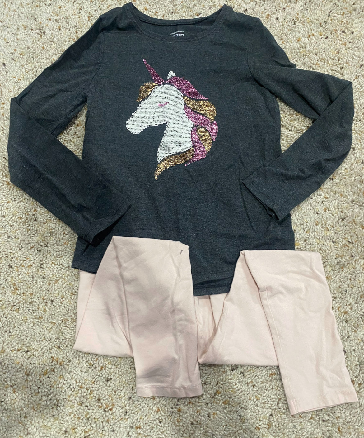 Seller #121 Girls Size 8 sequin long sleeve unicorn shirt and leggings