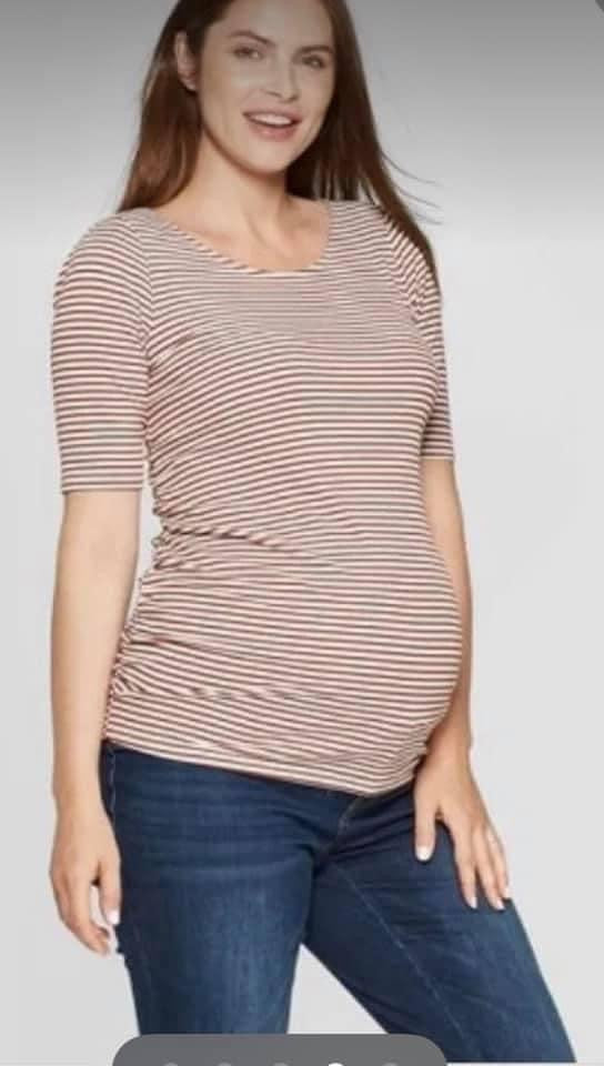 #66 Women’s XXL maternity top (black/gold/cream striped) with side ruching