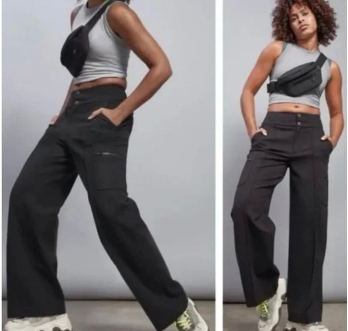 #70 Women's Athleta Venice Heathered Cargo Pants Size 6 Black Wide Leg Stretch EUC