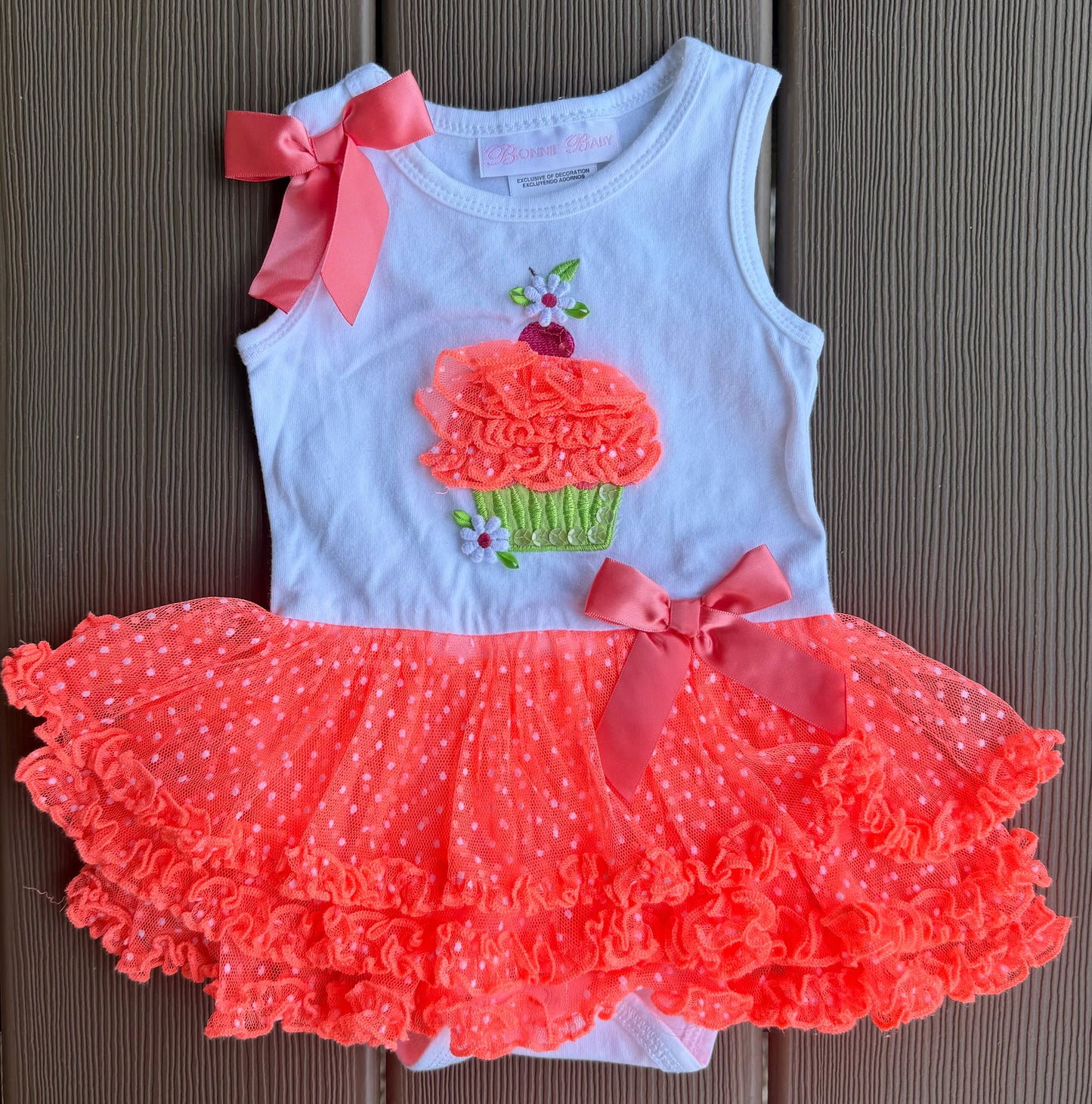 #28 REDUCED Bonnie Baby Girls Orange Cupcake Onsie Size 3-6 m