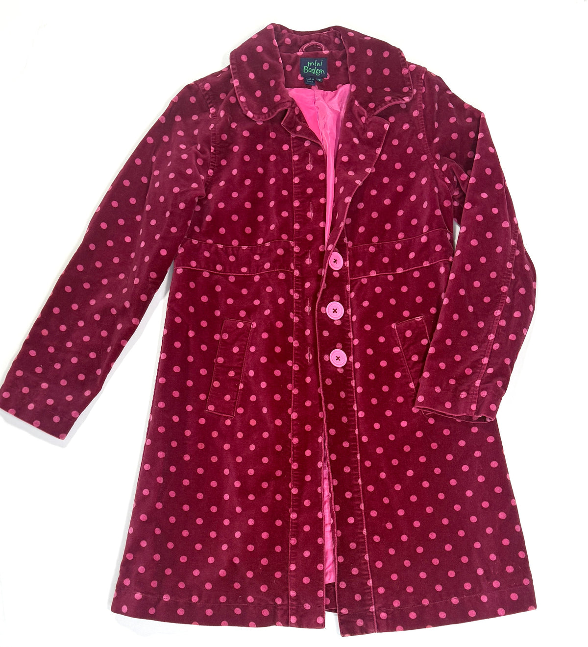 155 Girls Mini Boden Size 11-12Y (runs small) Burgundy Polkadot Velour Dress Coat