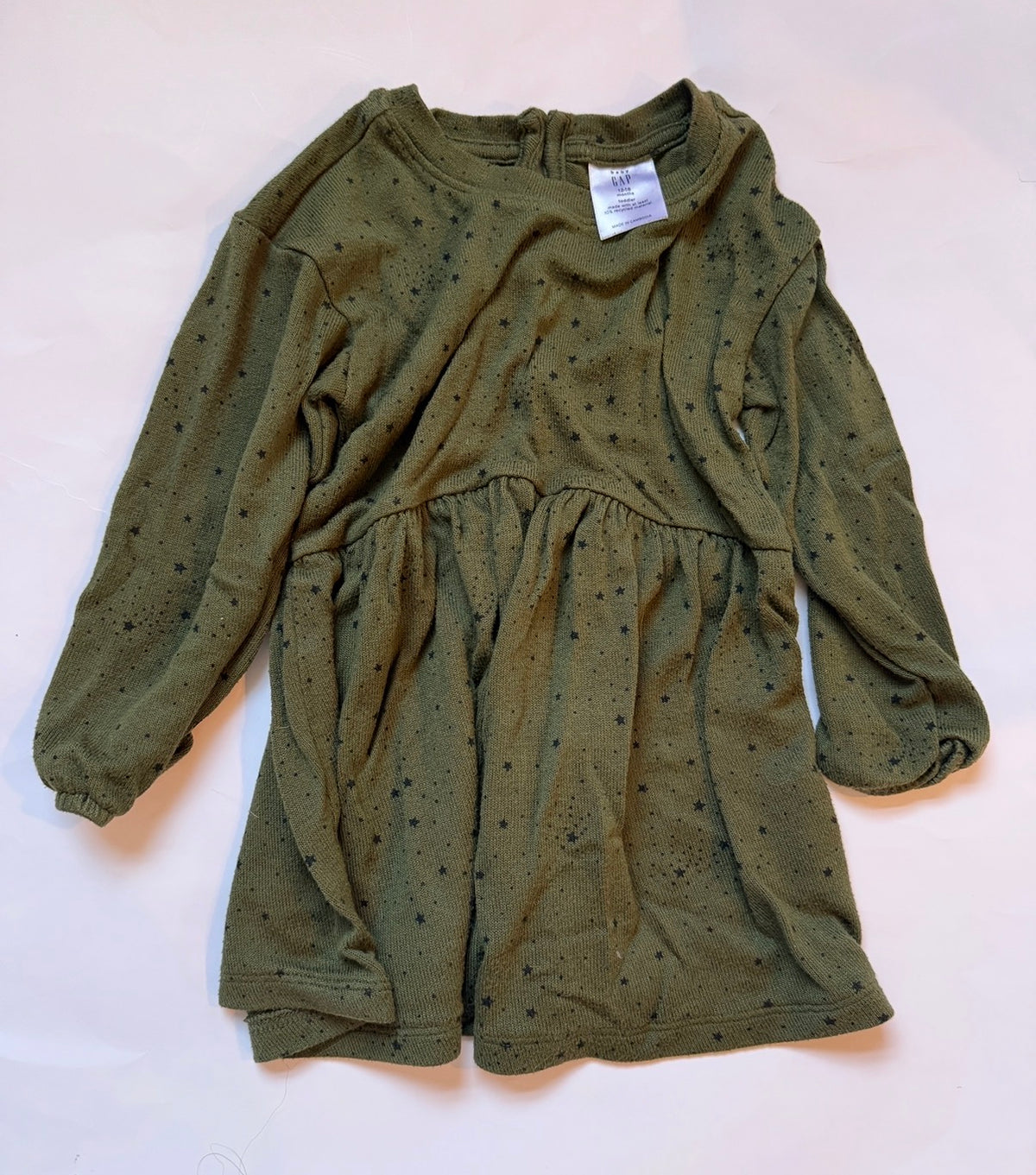 #170 Gap olive green woven dress with stars girls 12-18 months