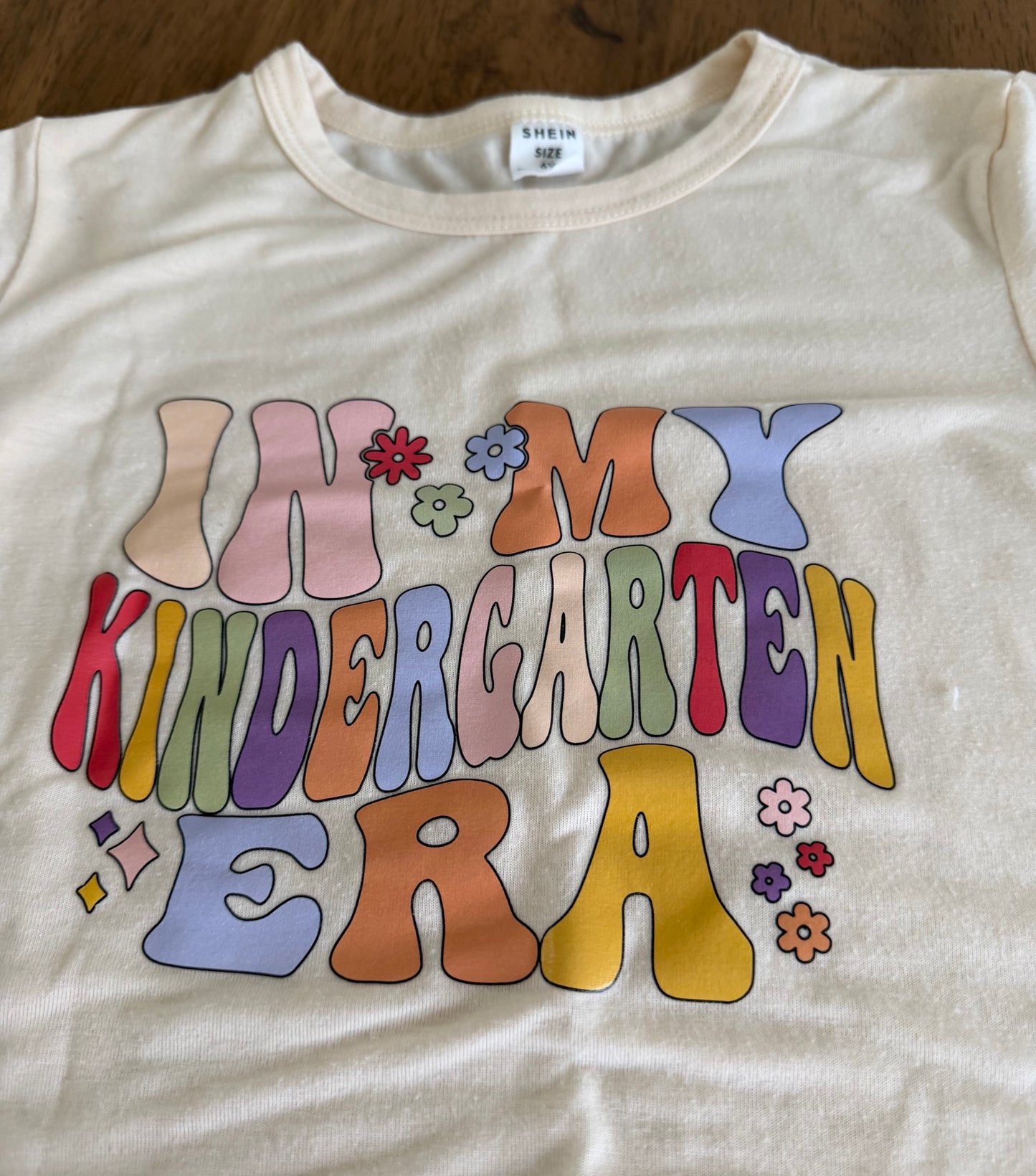 #117, Girls 6, SHEIN cream Kindergarten shirt, VGUC