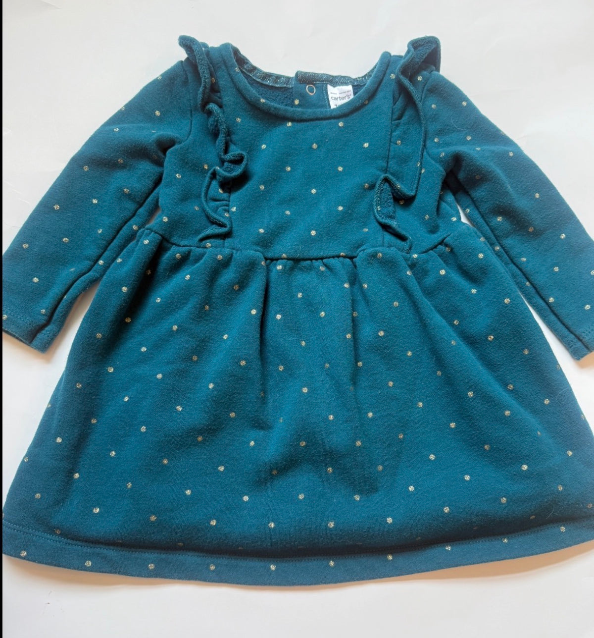 #170 teal green sweatshirt dress with gold polka dots girls 18 months