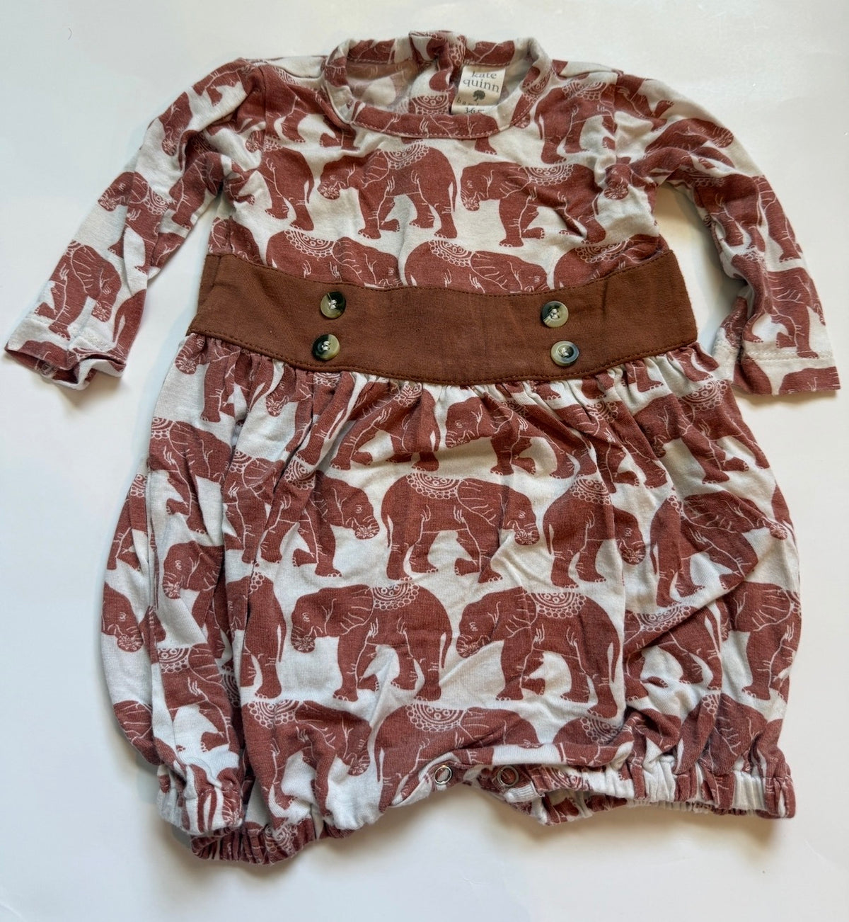 #170 Kate Quinn bamboo long sleeve elephant romper girls 3-6 months