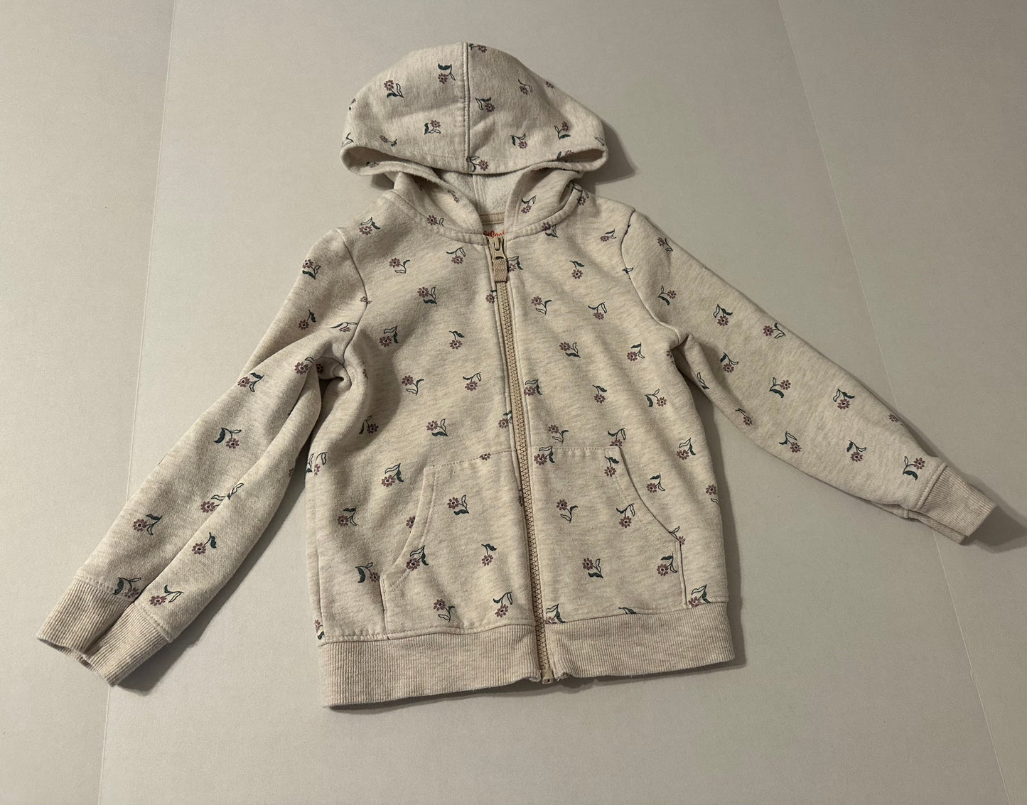 #160 Girls 5T Cat and Jack tan long sleeve hooded zip up sweatshirt with flowers