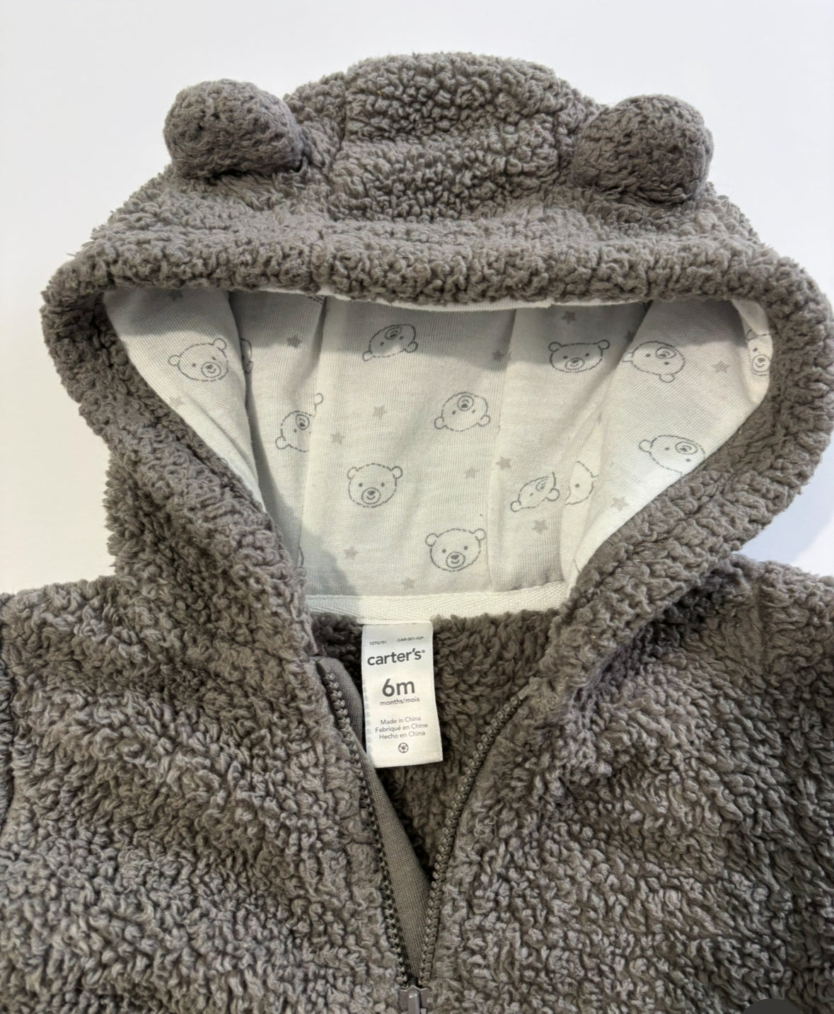 #132 - Carter's: Baby Hooded Sherpa Grey/Brown Jumpsuit/Bunting, 6M