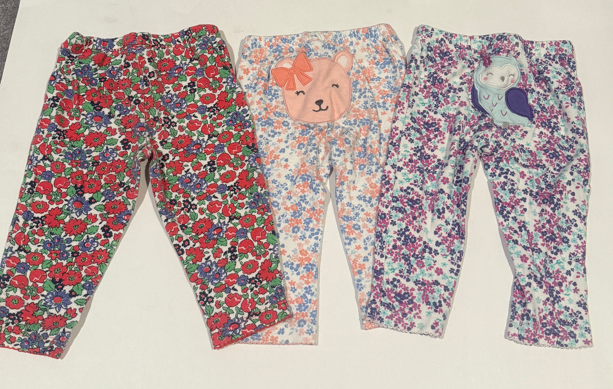 #170 Carters floral pants bundle (3) pink and blue, peach and blue with bear on bottom and purple and blue with owl on bottom girls 9 months