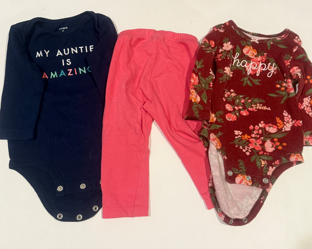 #170 outfit bundle (3) carters “my auntie is amazing” body suit, carters “happy” floral body suit, Macy’s pink leggings girls 9 months