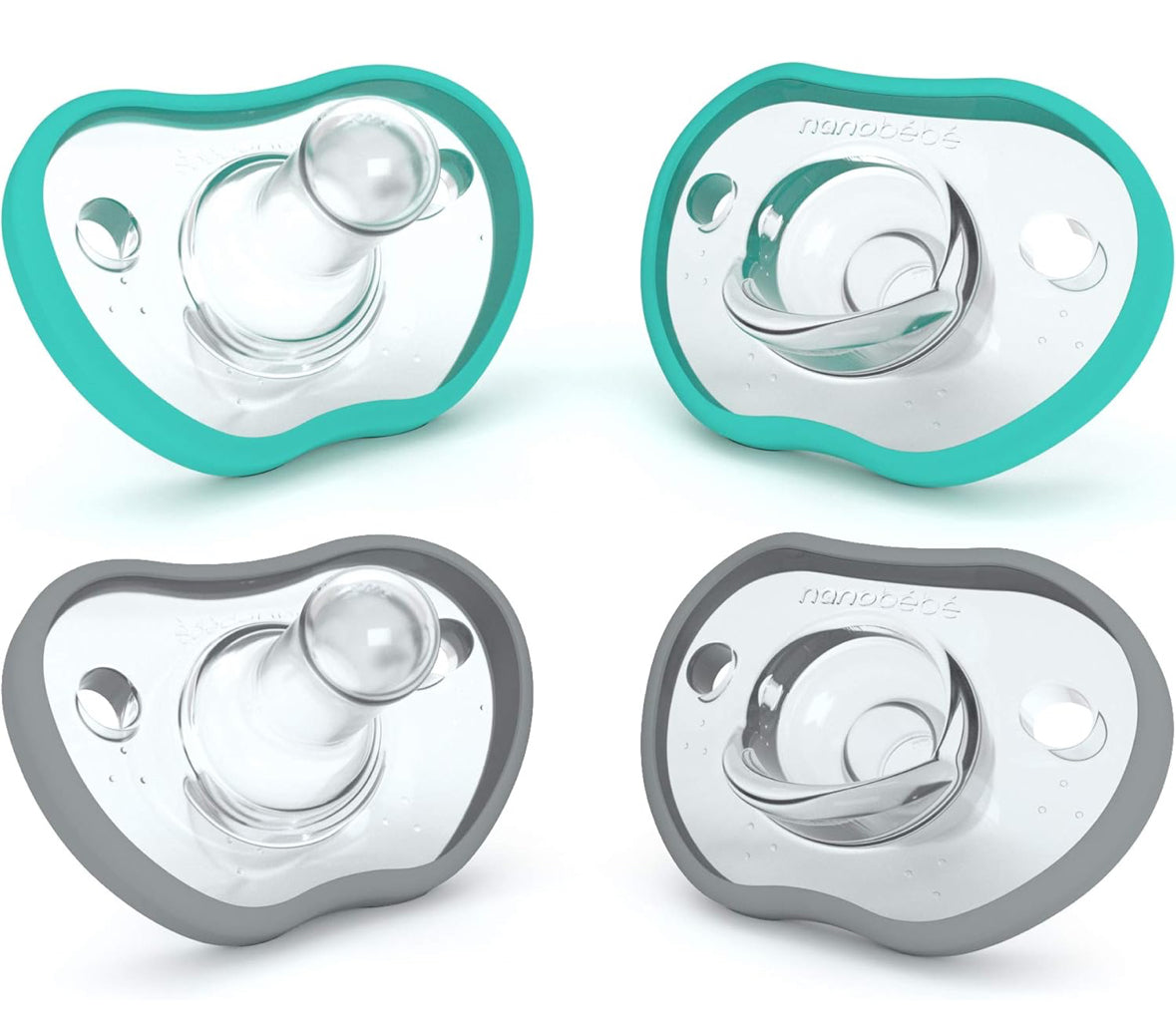 #132 - Nanobebe: Flexy Pacifier, 4 pack, 0-3M, Grey+Teal - NWT