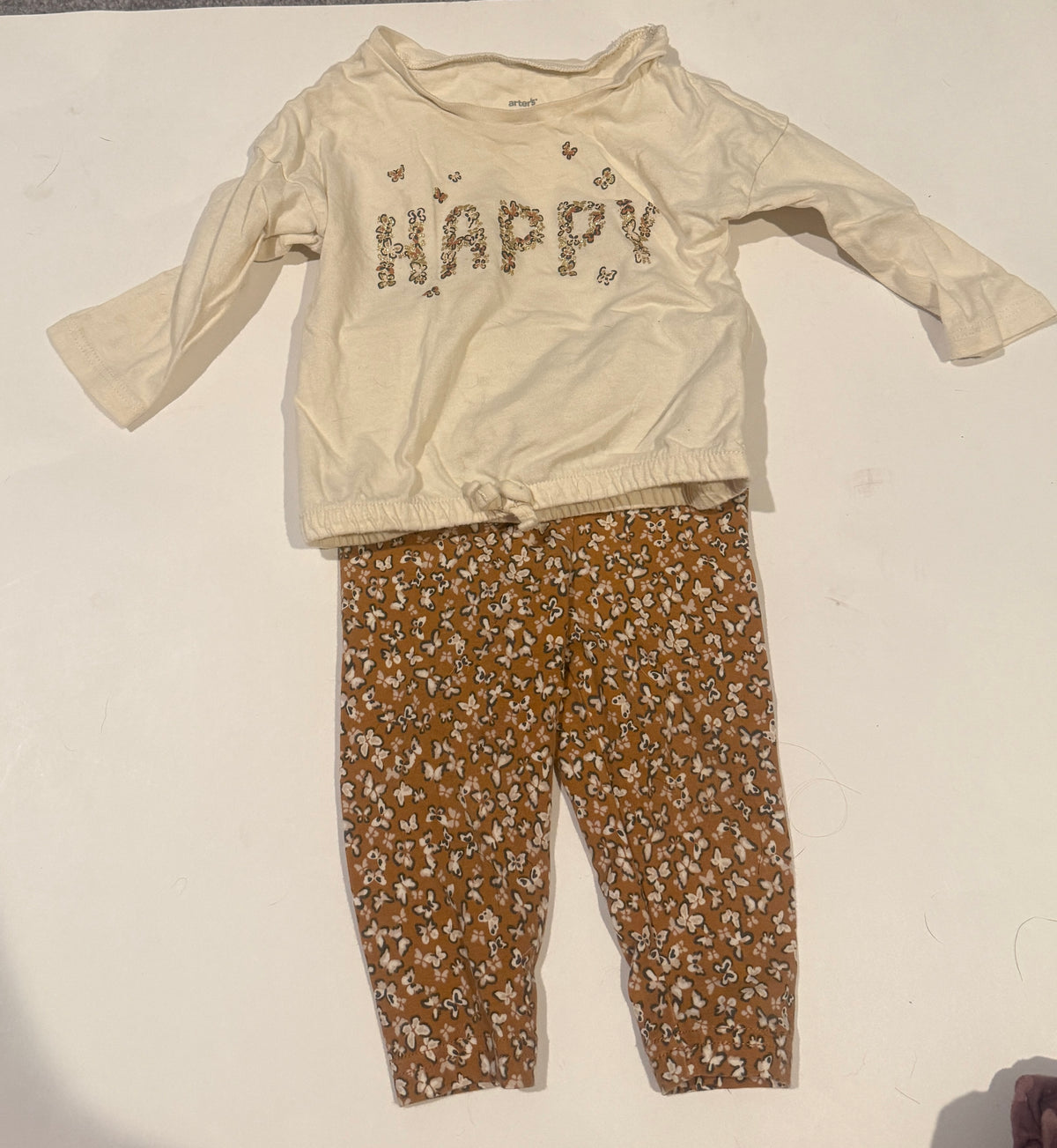 #170 carters “happy” cream too with matching pants girls 9 months