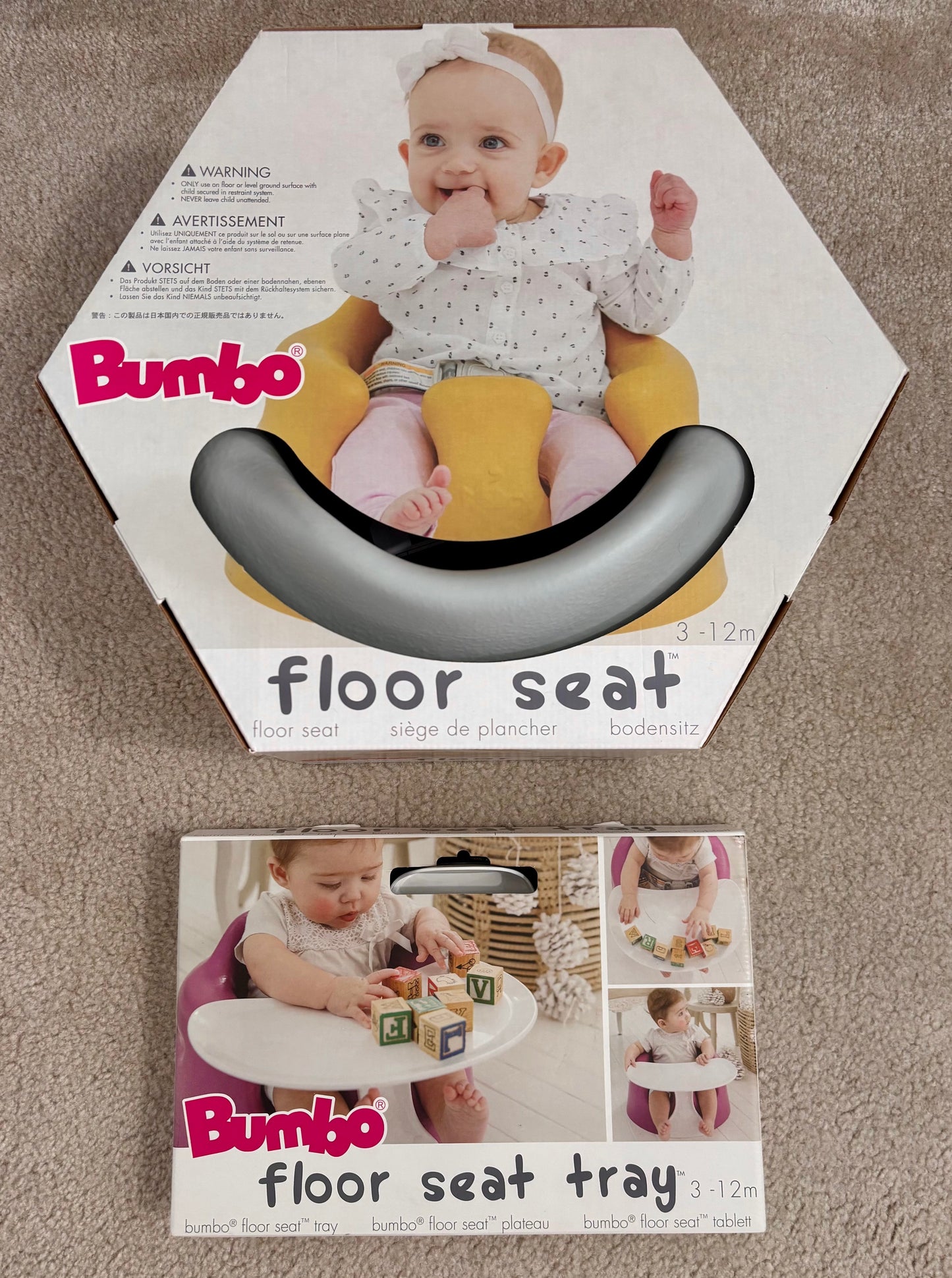 #132 - Bundle of Bumbo Floor Seat in Cool Grey, Play Tray & Suction Toys