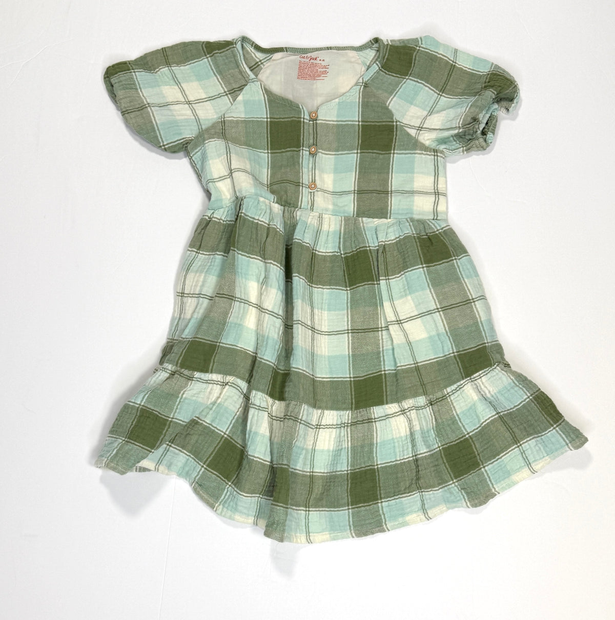 155 Girls Cat and Jack Size M Green Plaid Dress EUC