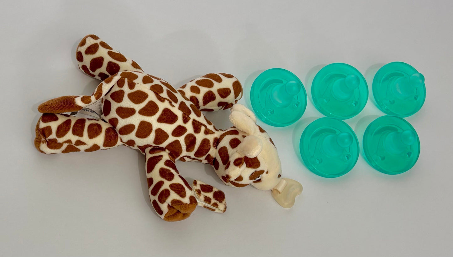 #132 - REDUCED - Bundle of Philips Avent: Giraffe Soothie Snuggle Pacifier Holder + 5 Soothie 0-3M Pacifiers - NWOT