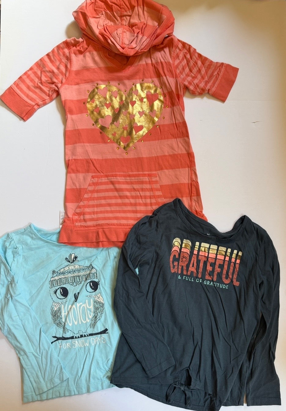 #41 | 6 Gymboree Owl Shirt, 7 Justice Grateful Shirt, 7/8 Falls Creek Heart Tunic Shirt, girls