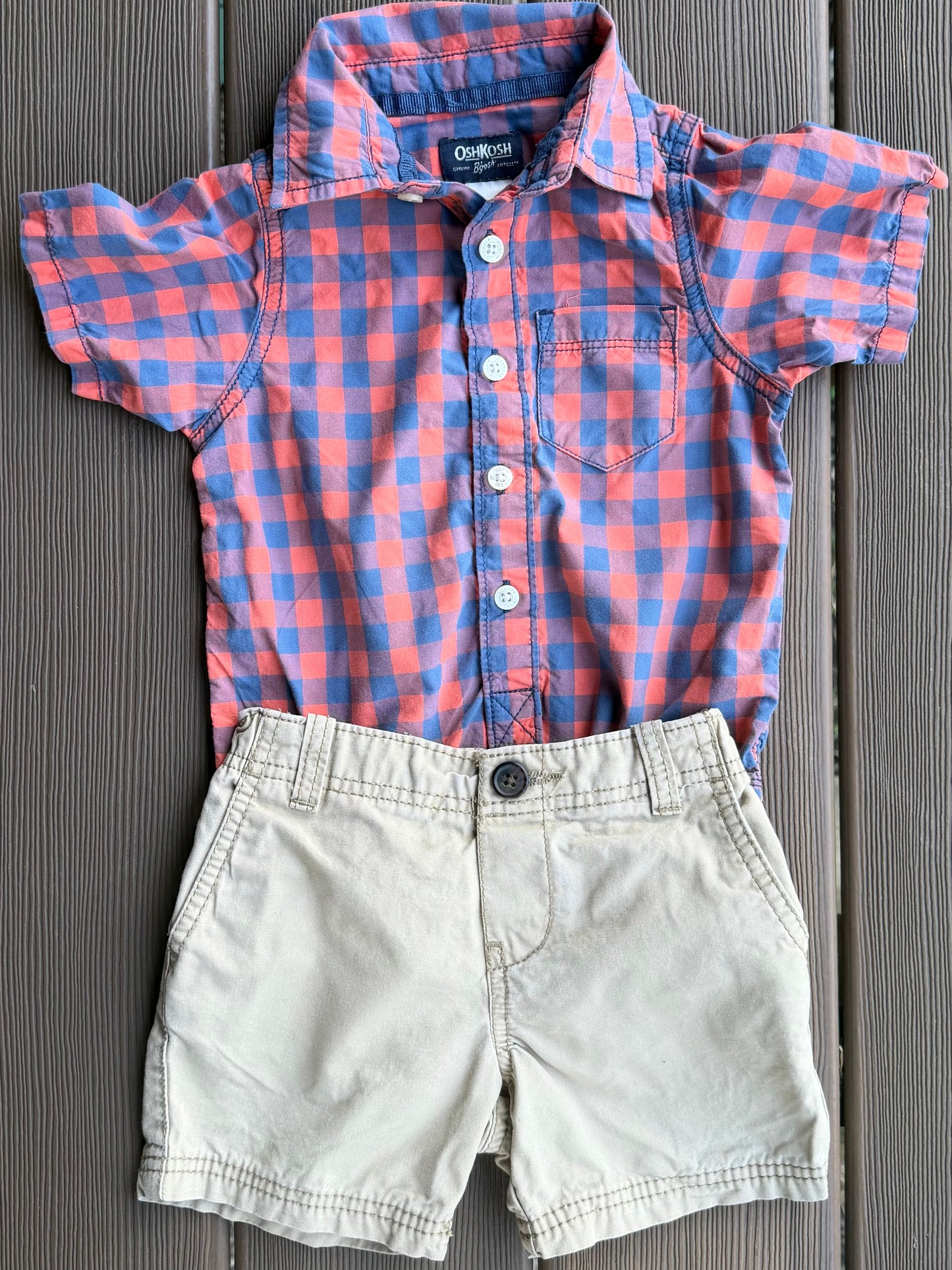 #28 REDUCED OshKosh & Carters Orange/Blue Plaid Onesie and Khakis, Size 18m