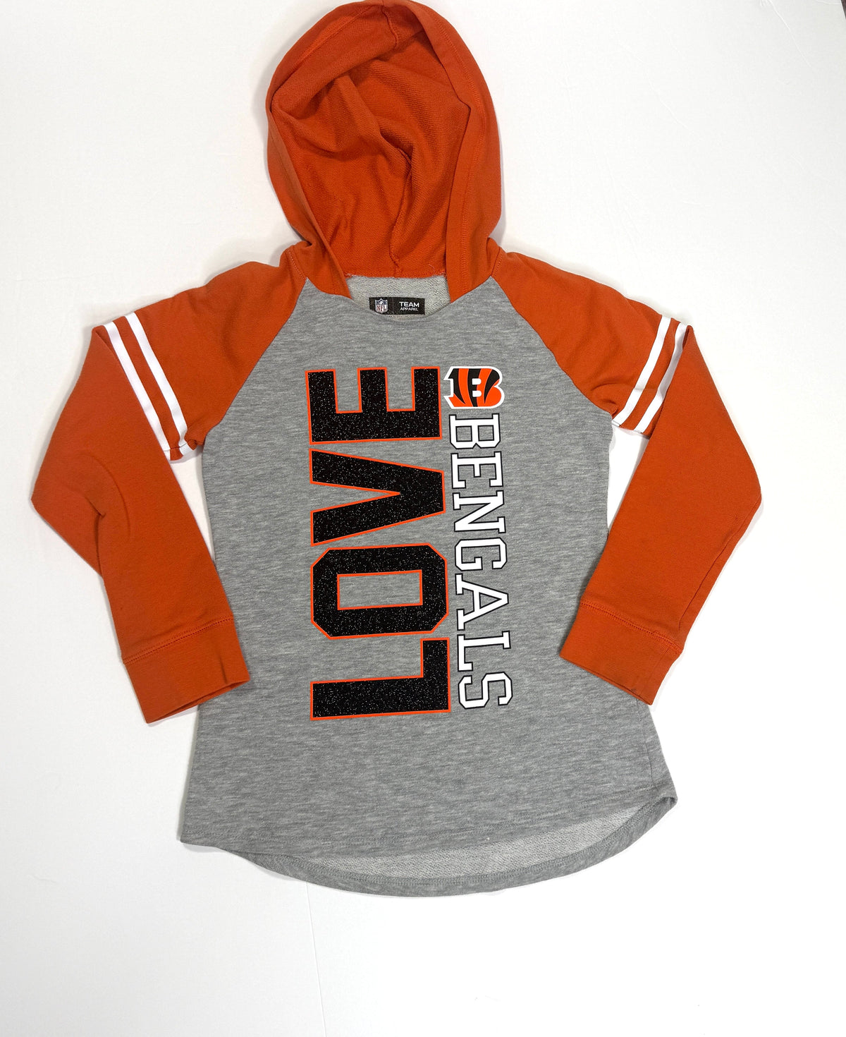 155 Girls Size 6/7 Long Sleeve Hooded T Shirt (Love is in black sparkle) - light wash wear