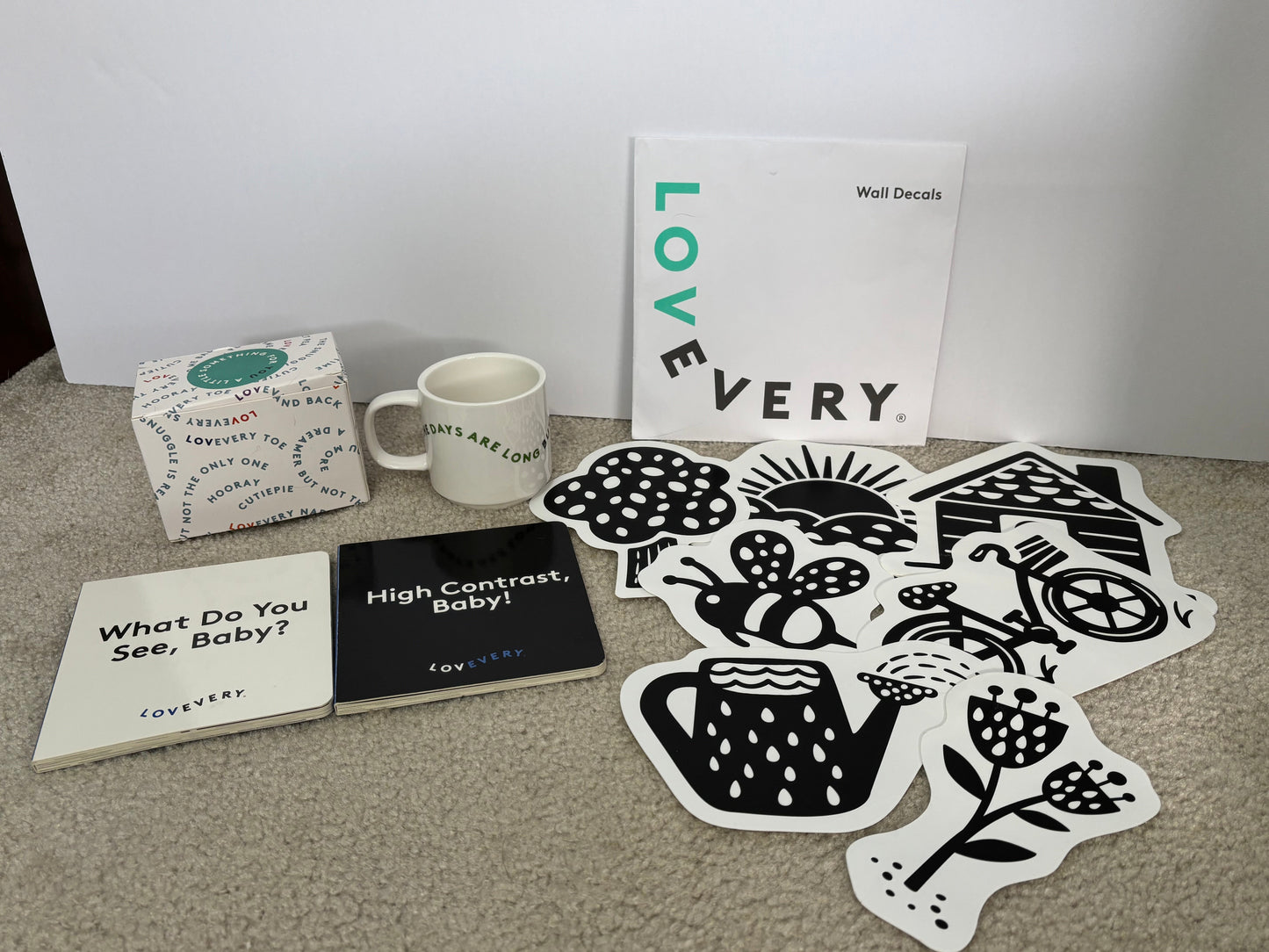 #132 - REDUCED - Bundle of Complete Lovevery: 0-12wk “The Looker” Play Kit + Extra Books, Wall Decals & Parent Gift Mug - SEE ADDITIONAL PHOTOS FOR ALL ITEMS INCLUDED
