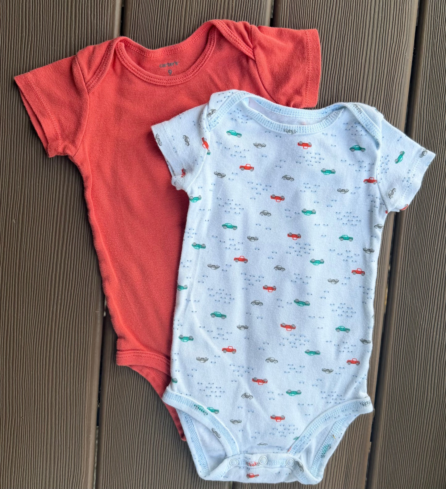 #28 Carters Car and Orange Onesies, size 9 m