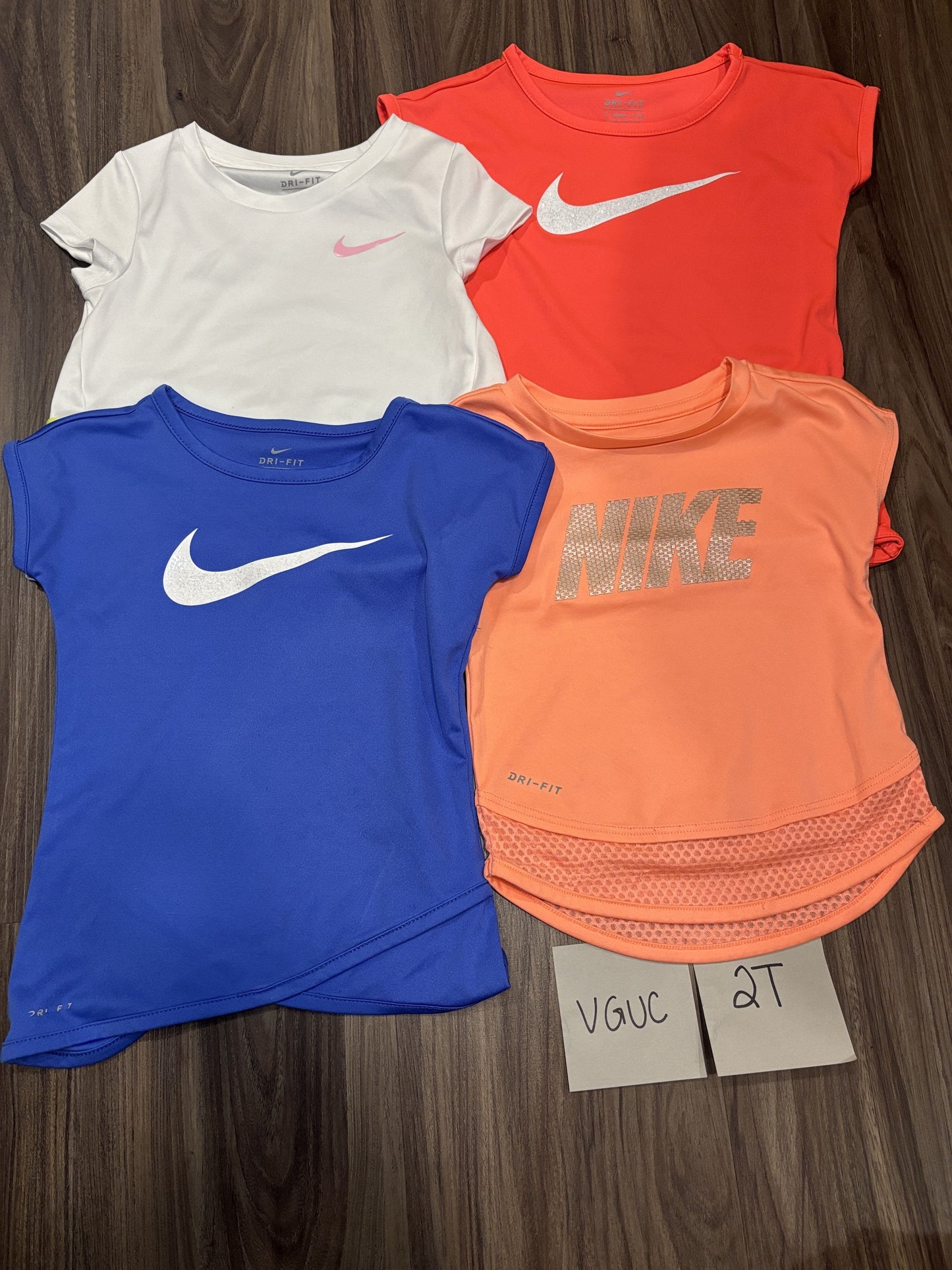 #138 - 2T Nike VGUC (4) Dri Fit Shirts (white, blue, orange (2))