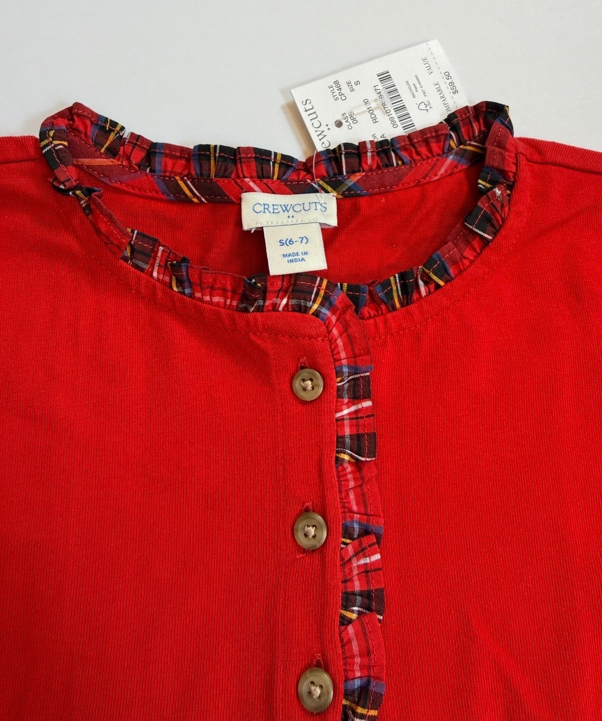 #41 | 6/7(S) NWT (orig $60) Crewcuts Shirt with Plaid Trim, girls perfect for Christmas!
