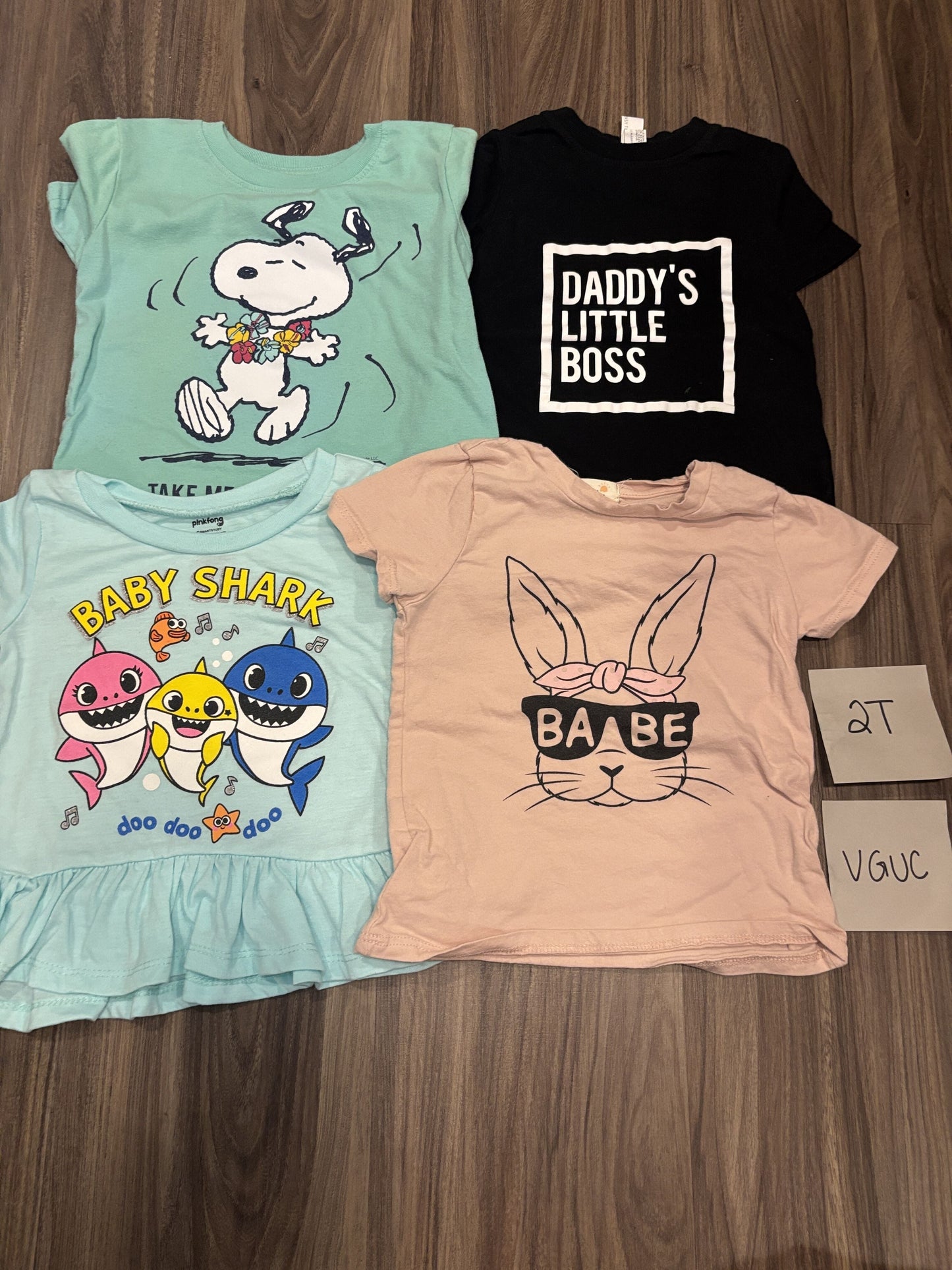 #138 - 2T VGUC (4) Tshirts (baby shark, bunny babe, little boss, snoopy)