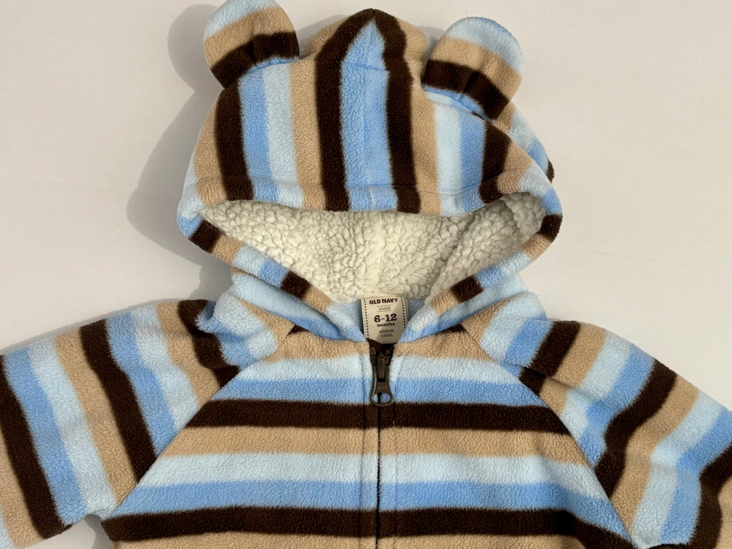 #132 - Old Navy: Baby Hooded Blue/Brown Striped Jumpsuit/Bunting, 6-12M