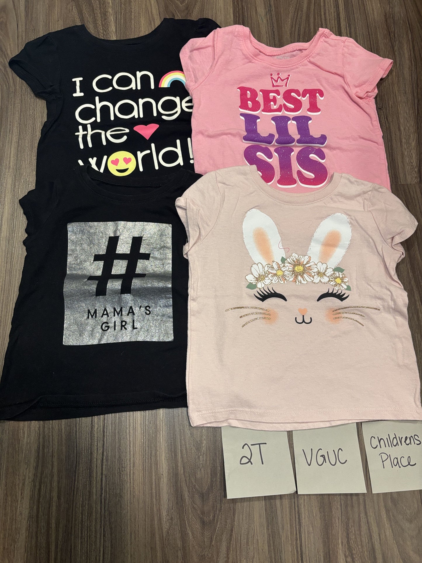 #138 - 2T Children's Place VGUC (4) Shirts (change world, lil sis, bunny, mamas girl)
