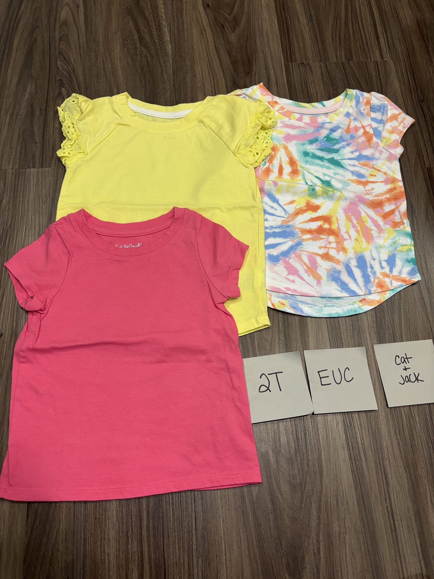 #138 - 2T Cat & Jack EUC (3) Shirts (Pink + Yellow + Tie Dye)