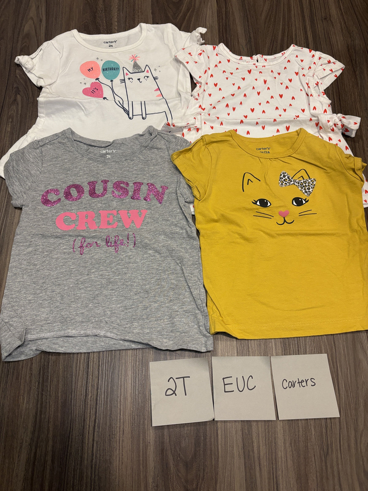 #138 - 2T Carters EUC (4) Tshirts (white cat, red heart, cousin crew, yellow cat)