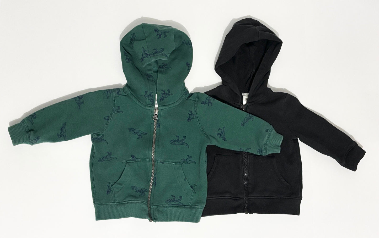 #132 - REDUCED - Bundle of 2 Carter's: Baby Boy's Full-Zipper Hooded Jackets, Green Dino & Solid Black, 12M