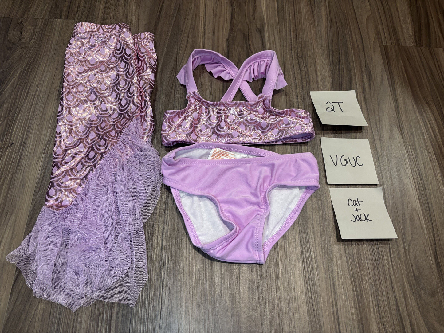 #77 - 2T - VGUC Cat & Jack - 3 Piece Purple Mermaid Swim Suit + Skirt
