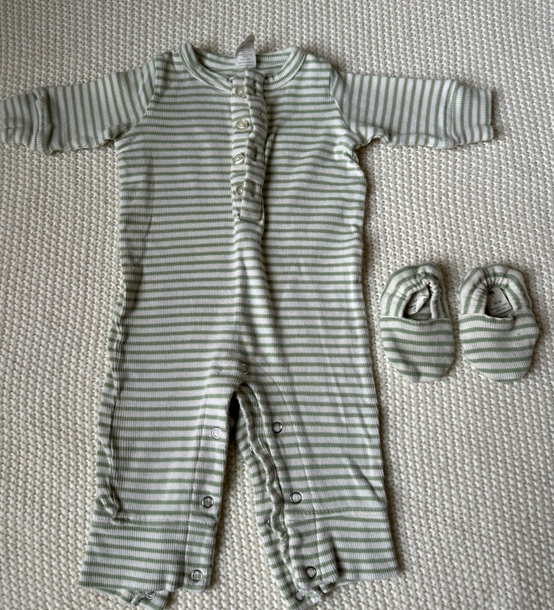 #93 Kate Quinn Green Striped Jumpsuit with Booties 3-6M