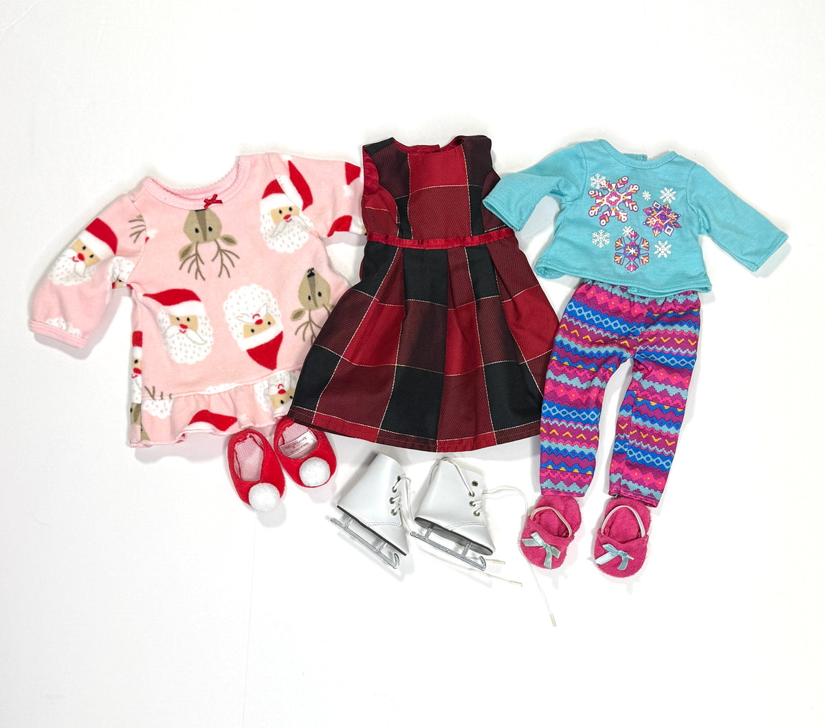 155 - 18 in Doll Winter Clothes Bundle - 2 pajamas with slippers, Holiday dress and Ice Skates
