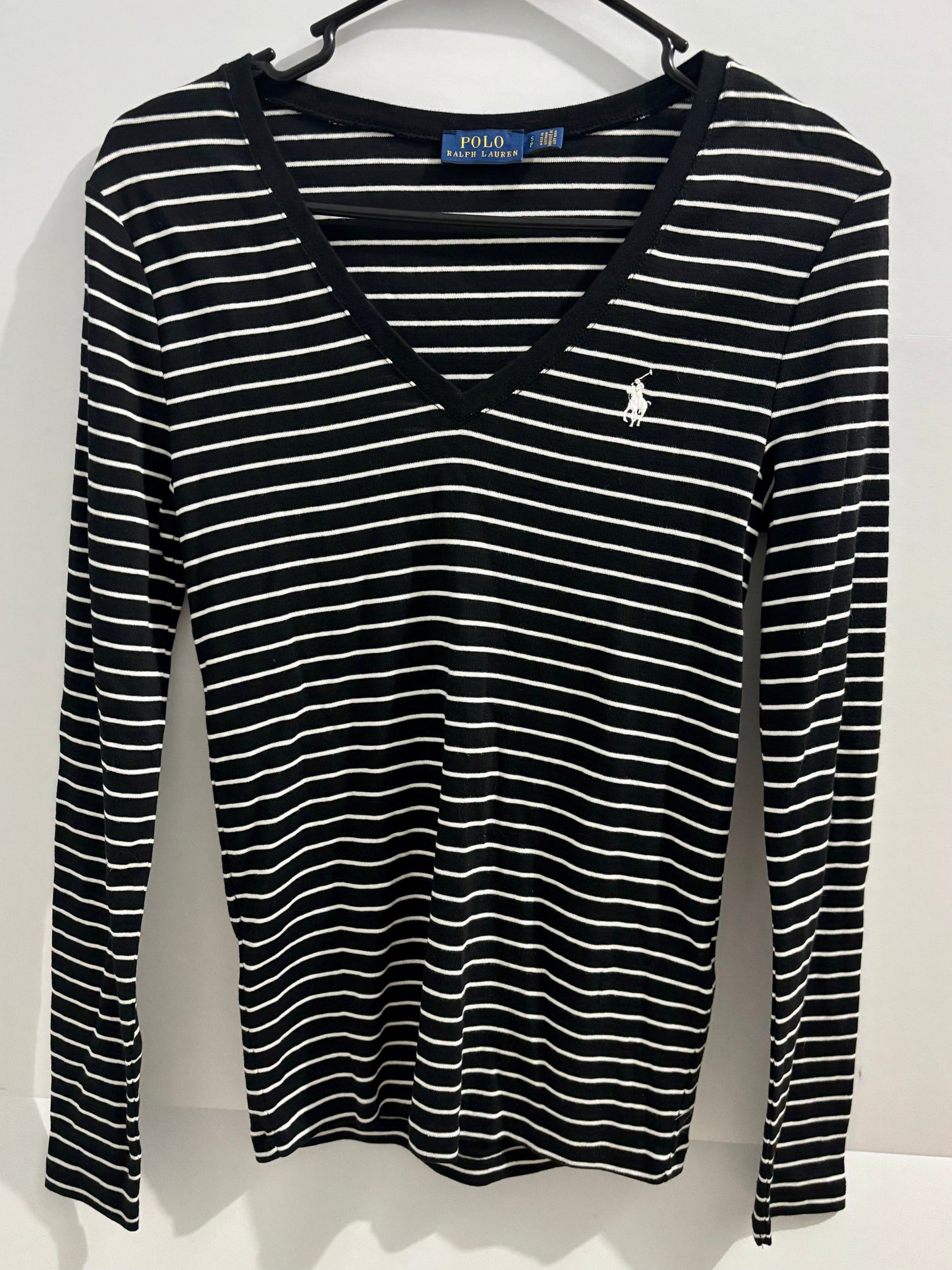 #132 - REDUCED- Ralph Lauren Polo: Women's Long-Sleeve V-Neck Black/White Striped Knit Top, Size S