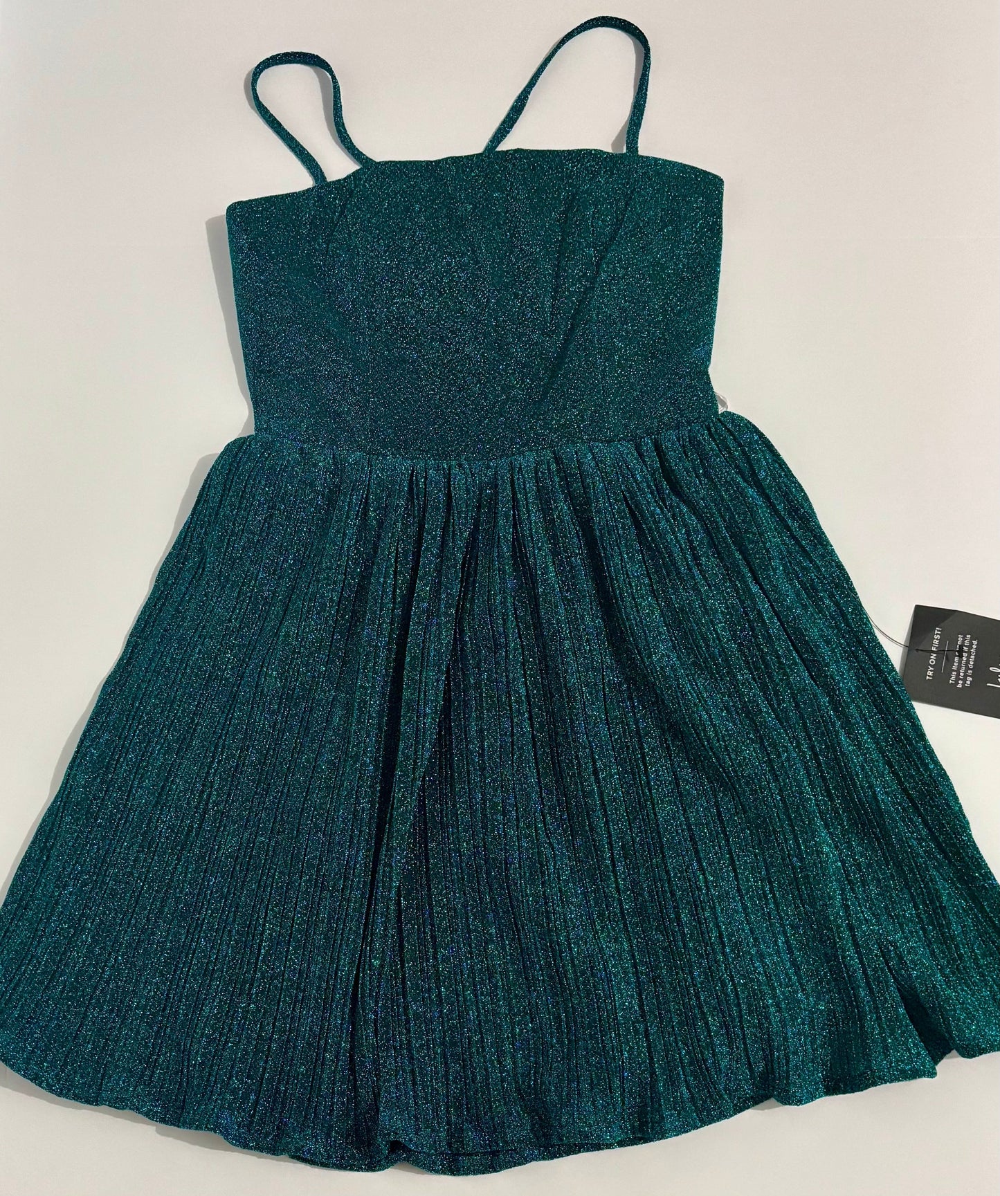 #132 - REDUCED - Lulus: Women's Teal Sparkly Lace-Up Pleated Skater Dress, Size S - NWT